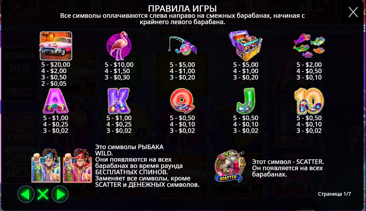 Big Bass Rock and Roll paytable showing symbol values